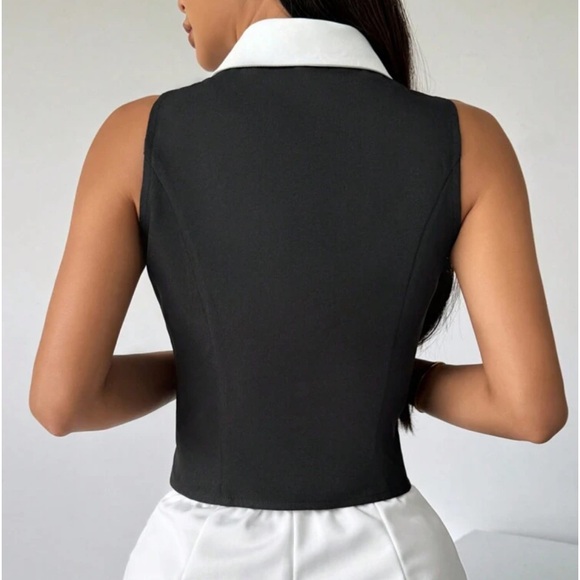 Classic Elegant Polka Dot Button Down Vest Office Work Top Black White - Picture 4 of 10